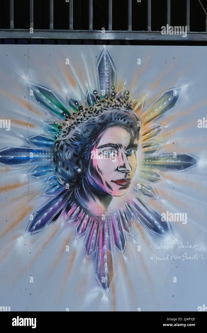 London, UK, 31st May, 2022. A piece of street art in Waterloo, close to the Southbank, created by artist Paul Don Smith and dedicated to Her Majesty the Queen.  Similar portrait pieces appear in various other locations in London. Credit: Eleventh Hour Photography/Alamy Live News Stock Photo