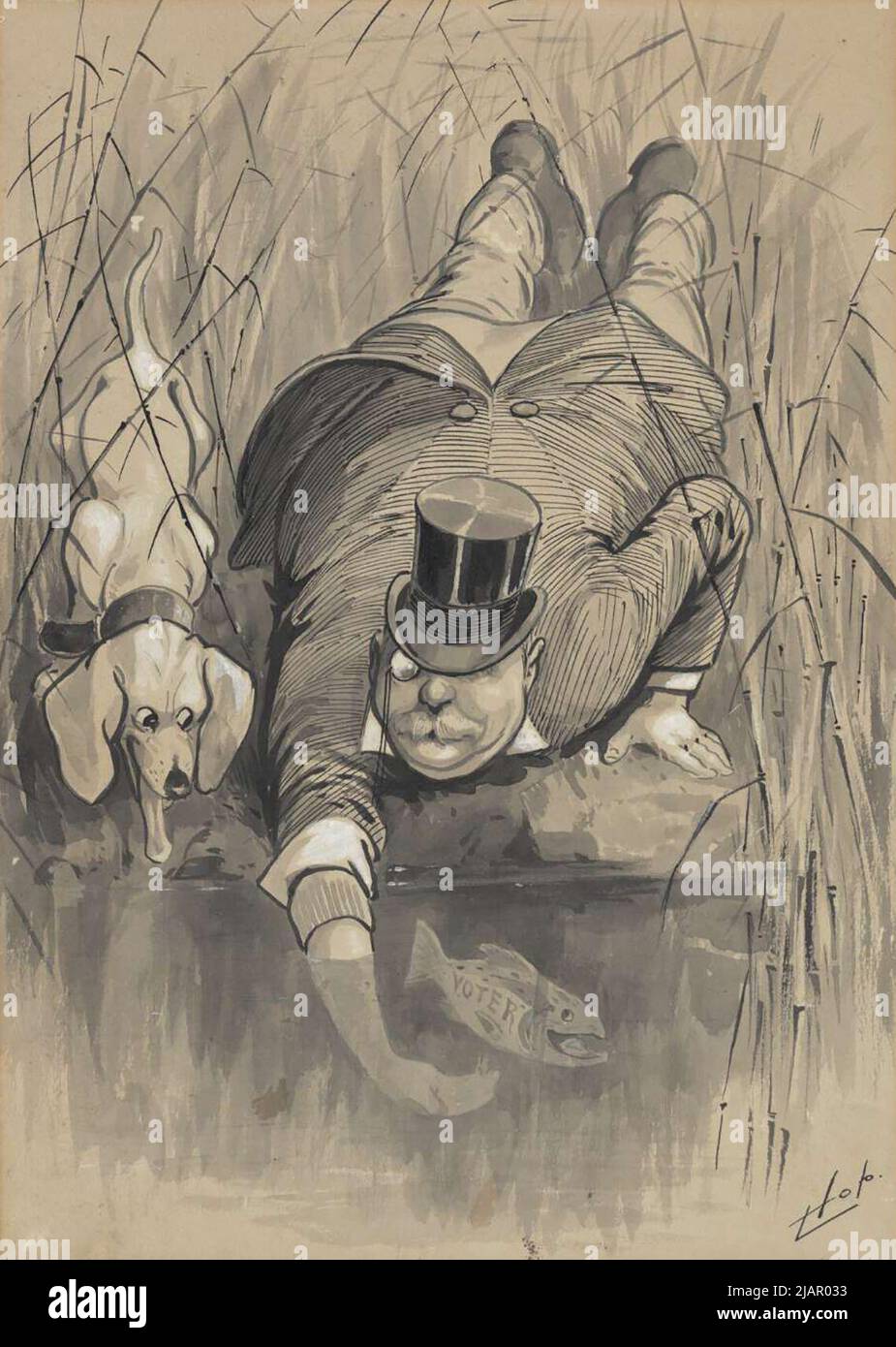 Cartoon depicting George Houstoun Reid on a shoreline, tickling a fish labeled voter  ca.  between 1900 and 1910 Stock Photo