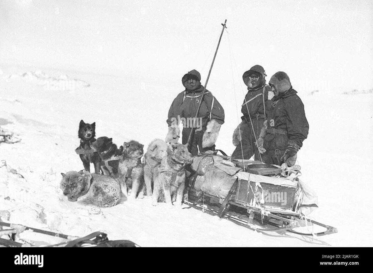 Xavier Mertz, Belgrave Edward Sutton Ninnis and Herbert Murphy, en route to the Aladdin's Cave depot with dogs during the Australasian Antarctic Expedition ca.  1912 Stock Photo