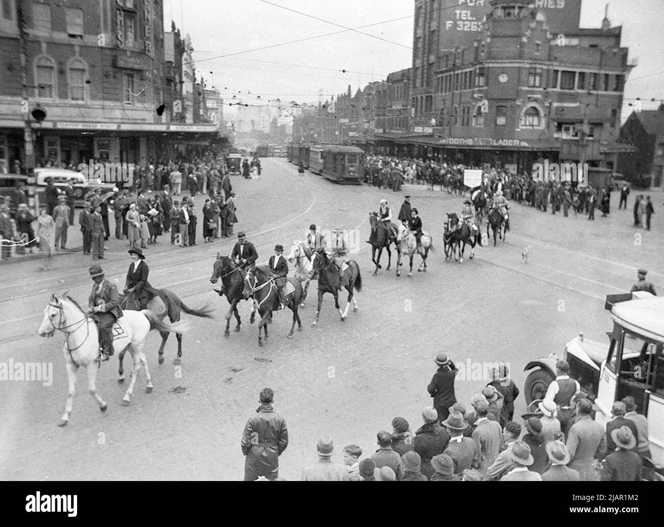 Equestrians parading through the streets in Taylor Square in Darlinghurst NSW Australia ca. 1934 Stock Photo
