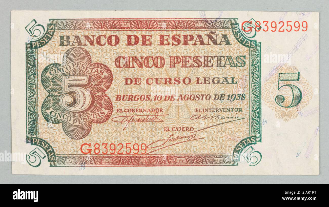 Banknote on 5 pesetas; Banco de Spain, Spain, 10.08,1938 Giescate & devrient, english Stock Photo