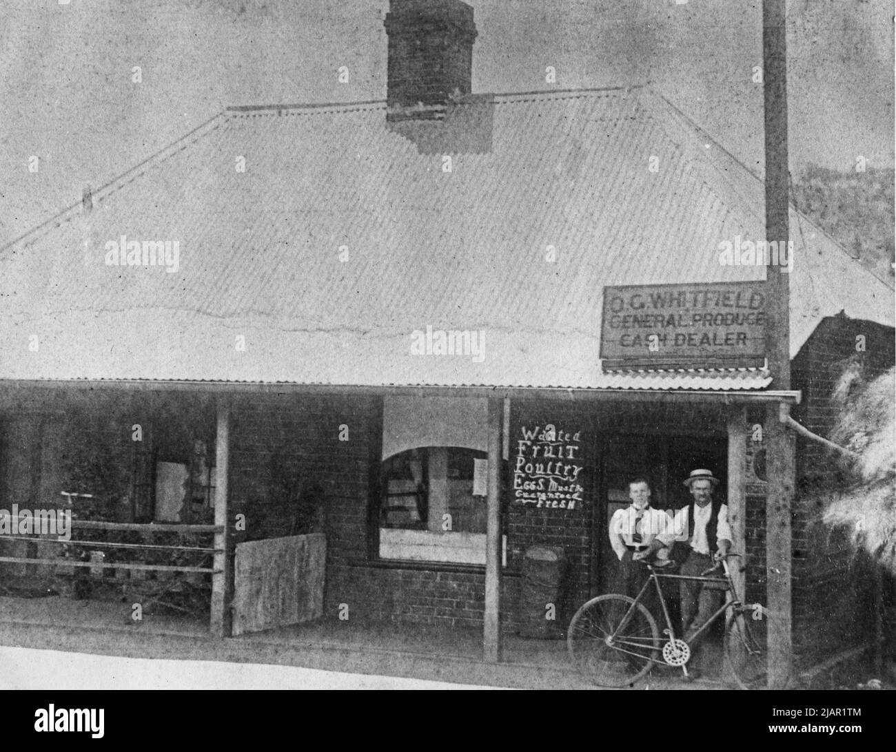 Whitfields General Store; building appears to be divided into 'shop' & 'living quarters'; sign near the door reads Wanted: fruit - poultry - eggs - must be guaranteed FRESH - Toodyay, Western Australia. ca. 1900 Stock Photo