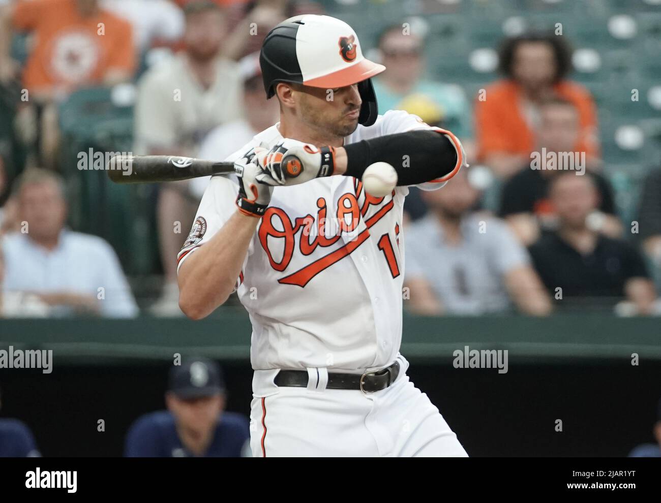 Baltimore, MD, USA. 29th May, 2017. Baltimore Orioles Left Fielder #16 Trey  Mancini makes a catch in the outfield after some confusion during a Major  League Baseball game between the Baltimore Orioles