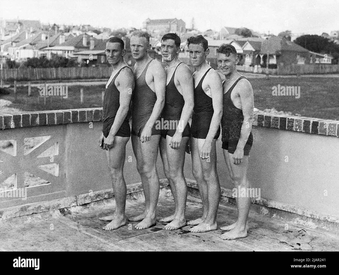 Posed photo of a group of swimmers ca. 1935 Stock Photo - Alamy