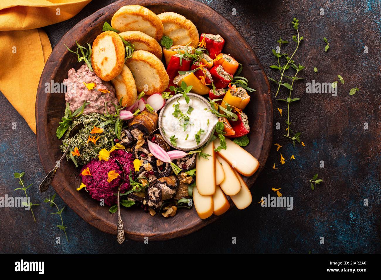 Vegetarian appetizers cuisine, bread, dips and cheese Stock