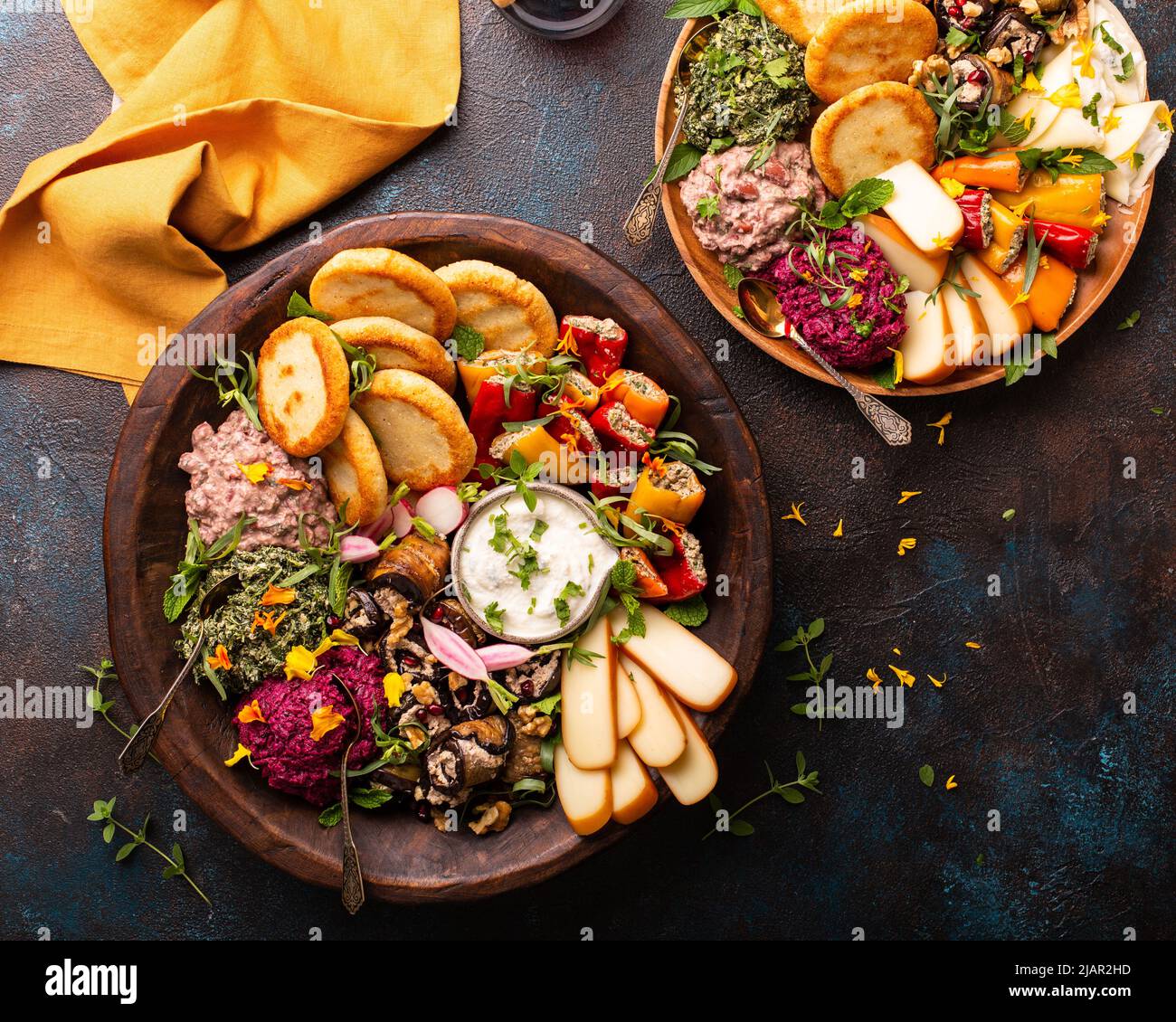 Vegetarian appetizers cuisine, bread, dips and cheese Stock