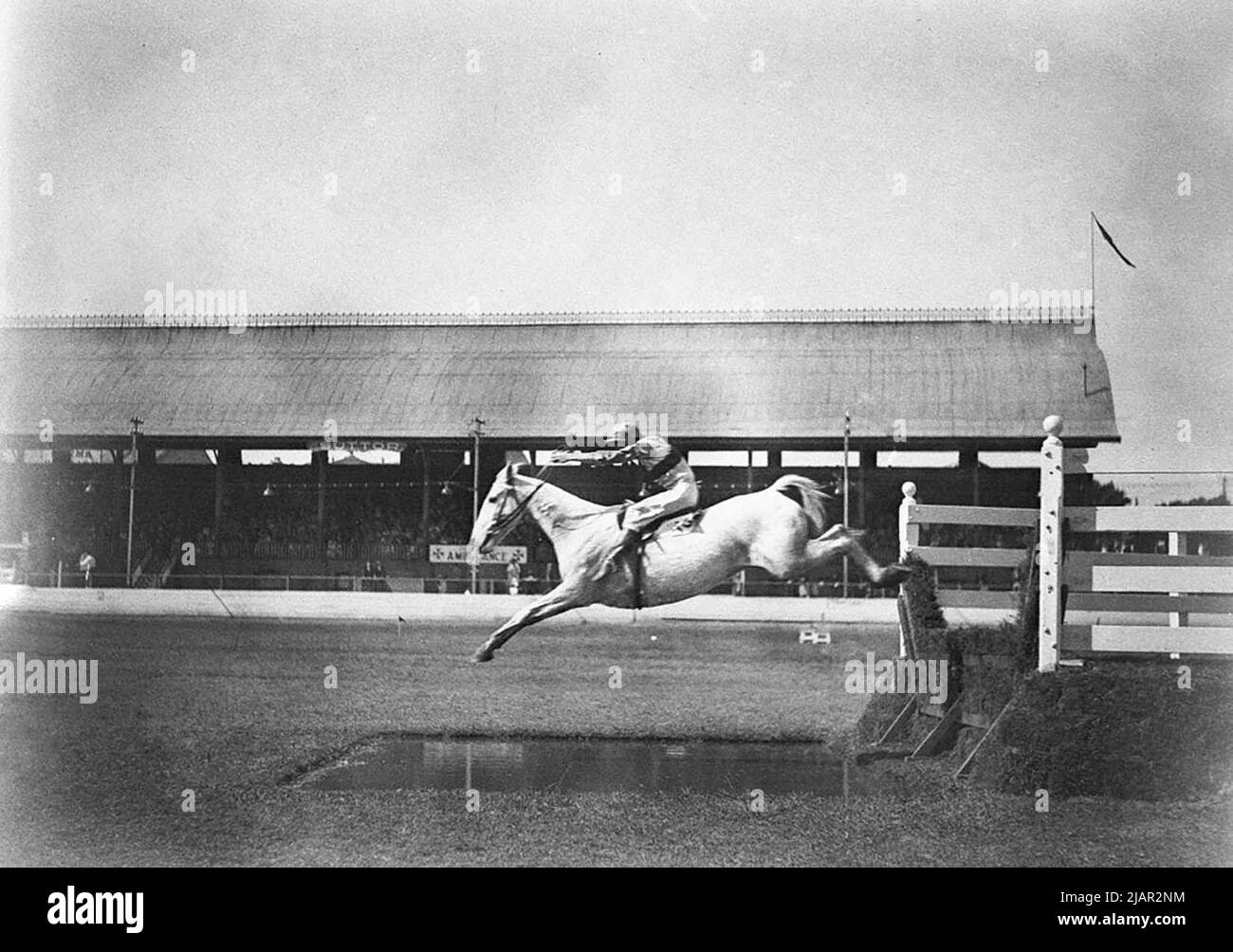 Horse jumping water at an equestrian event ca. between 1925 and 1957