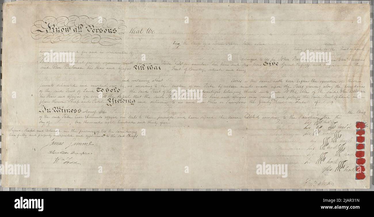 One of the two treaty's (the other known as the Melbourne treaty) John Batman brought with him to the Port Phillip area, which he claimed were signed by leaders of the Kulin Nations people ca. 1835 Stock Photo