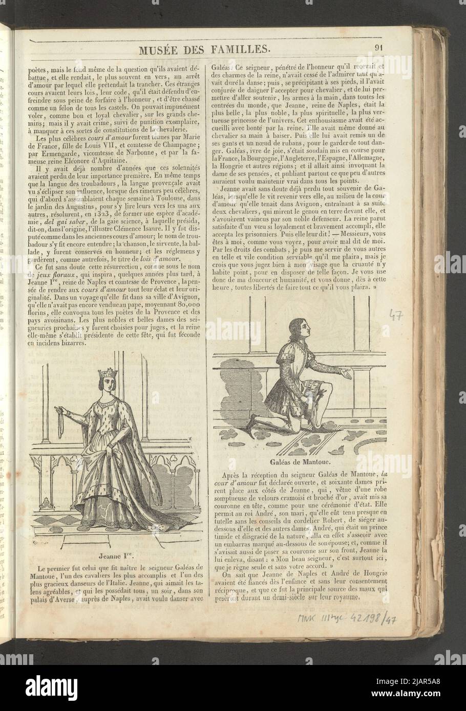 Notebook 12, December1833 Queen Joanna I, Galeas de Montoue, Lady de Marchebruuse, Three Illustrations for the article Sketches of the Middle Ages by Leon Guerin in: Museum of families, evening reading. T. 1. (Year 1 and 2) Paris, [1833 1834]. unknown Stock Photo