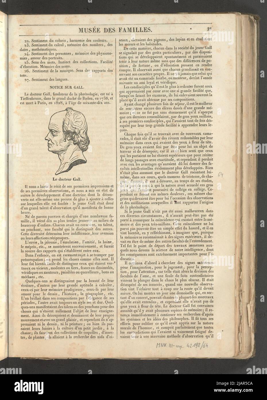 Yearbook 2, Notebook 3, January 1834 Franz Josef Gall (1758 1828), Illustration for the article Of Phrenology In: Museum of families, evening reading. T. 1. (Year 1 and 2) Paris, [1833 1834]. unknown Stock Photo