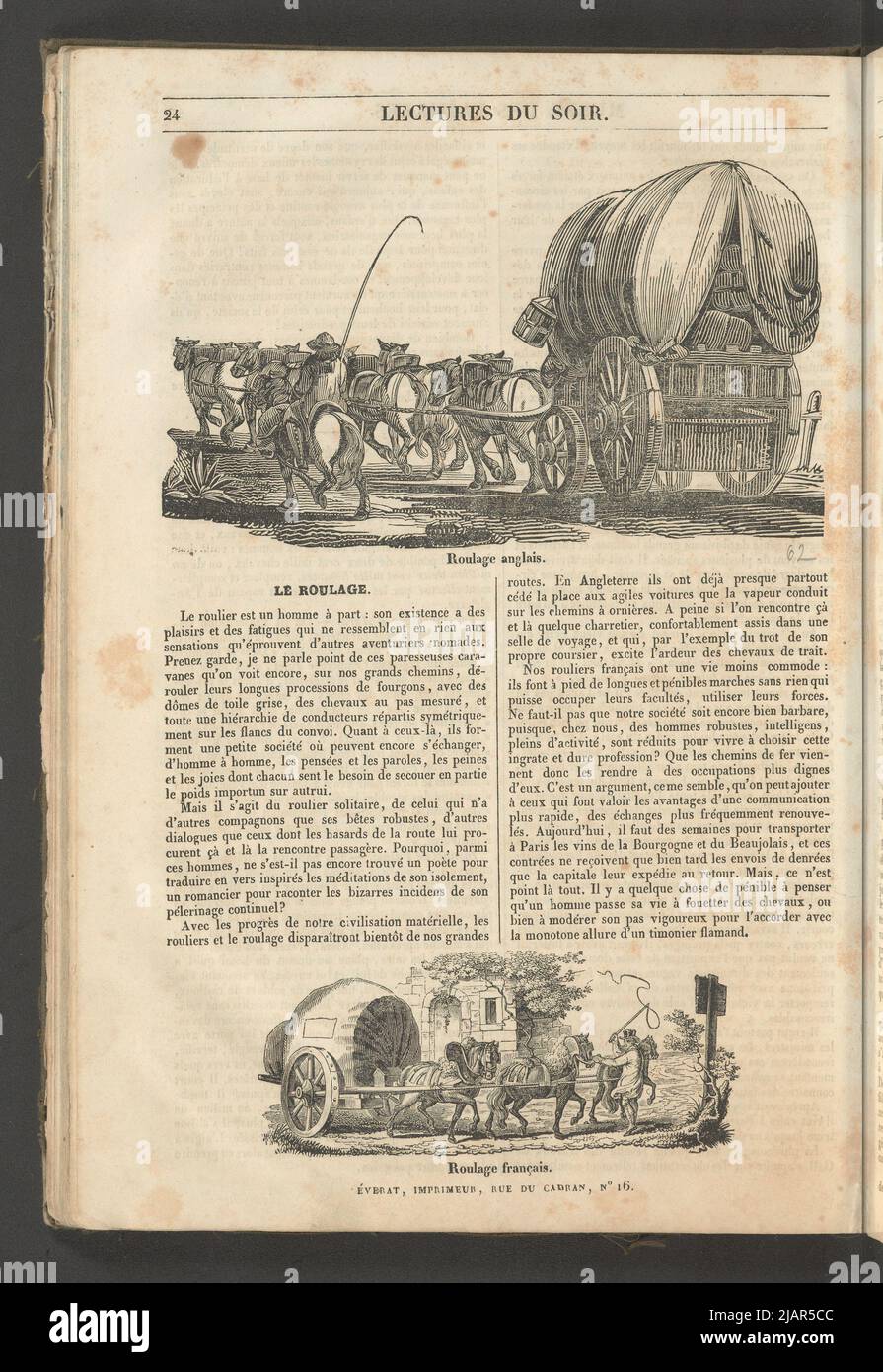 Yearbook 2, notebook 3, January 1834 English and French team, two illustrations for the article Le Roulage in: Musee des Familles, Lecture du Soir. T. 1. (year 1 and 2) Paris, [1833 1834]. unknown Stock Photo