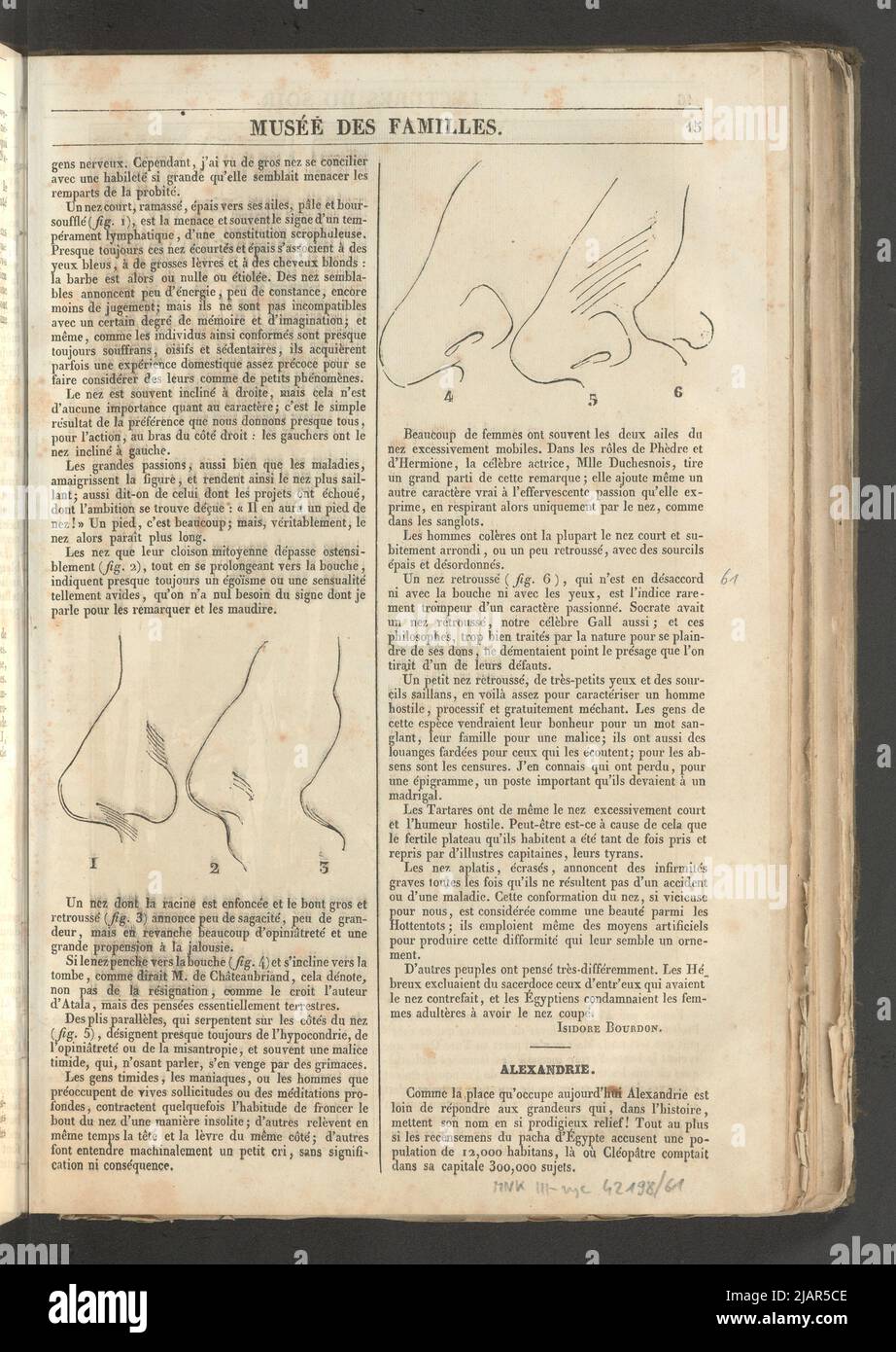 Yearbook 2, Notebook 2, January 1834 Nasal Profiles, Two Illustrations for the article Physiogożonia, conjectures touching the nose. View of Alexandria, Illustration for Alexandre in: Families museum, evening reading. T. 1. (Year 1 and 2) Paris, [1833 1834]. unknown Stock Photo