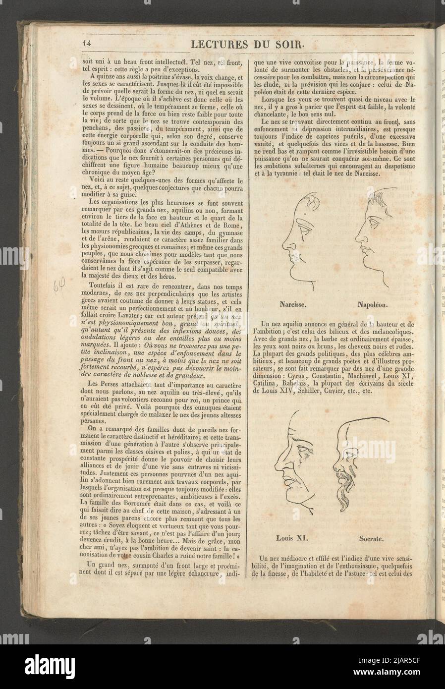 Yearbook 2, Zeszyt 2, January 1834 Four profiles of various physiognomy, two illustrations for the article Physiogoomie. Conjectures touput le Nez in: Musee des Familles, Lecture du Soir. T. 1. (year 1 and 2) Paris, [1833 1834]. unknown Stock Photo