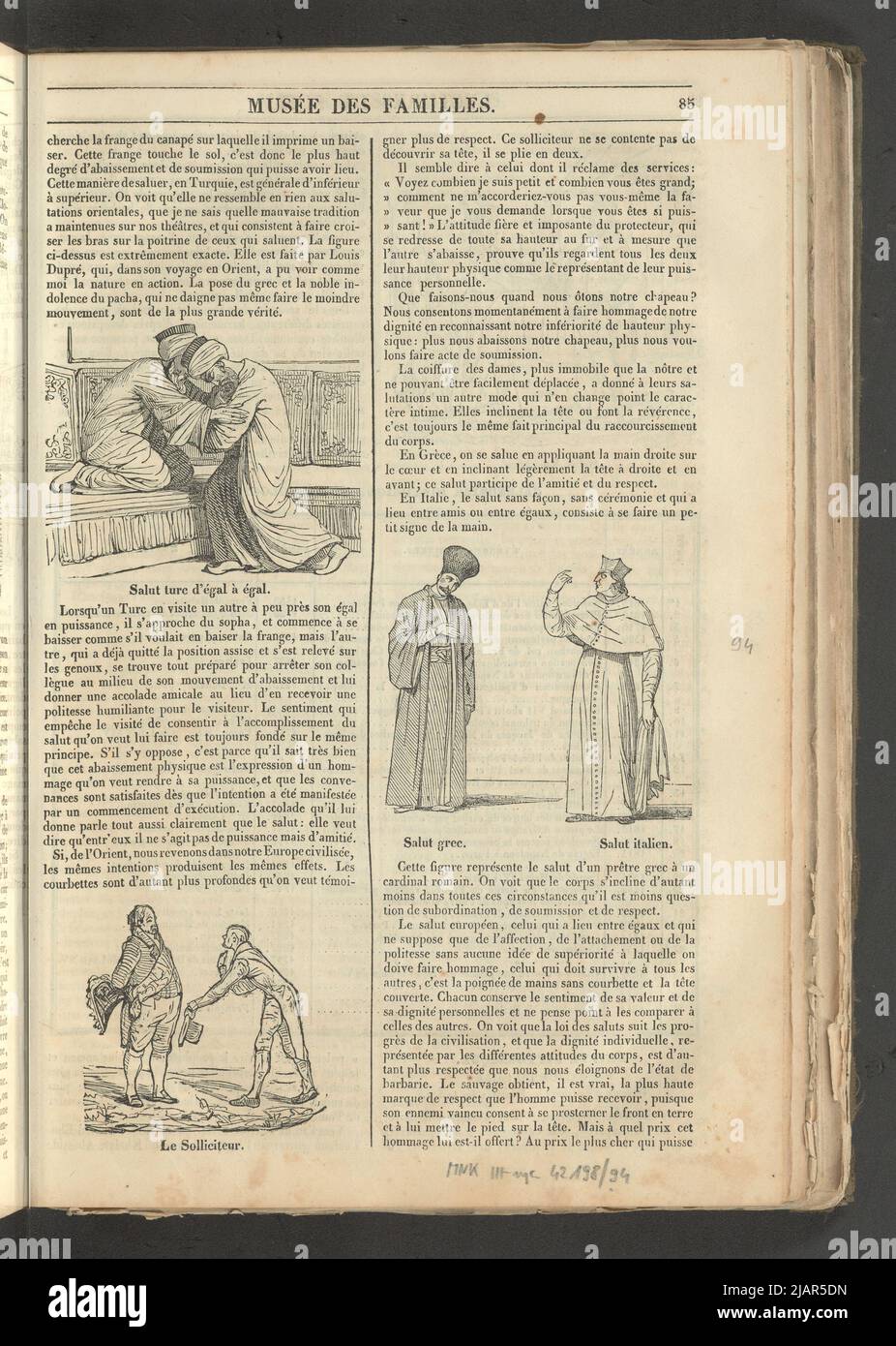 Yearbook 2, notebook 11, Mars 1834 Four ways to give worship and greeting, 4 illustrations for the article de la phrenologie in: Musee des Familles, lecture du soir. T. 1. (year 1 and 2) Paris, [1833 1834]. unknown Stock Photo