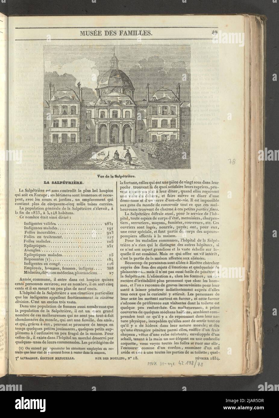 Yearbook 2, Notebook 7, February 1834 Salpetriere, Facade View, Illustration for the article La Salpetriere in: Musee des Familles, evening reading. T. 1. (Year 1 and 2) Paris, [1833 1834]. unknown Stock Photo