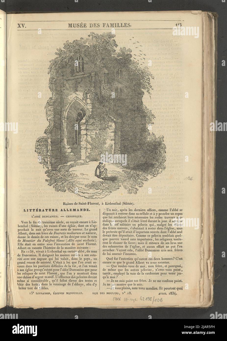 Yearbook 2, notebook 15, April 1834 ruins of the church of St. Floriana in Liebenthal (Lubomierz) in Silesia, illustration for the article Litterature Allemande in: Musee des Familles, Lecture du Soir. T. 1. (year 1 and 2) Paris, [1833 1834]. unknown Stock Photo
