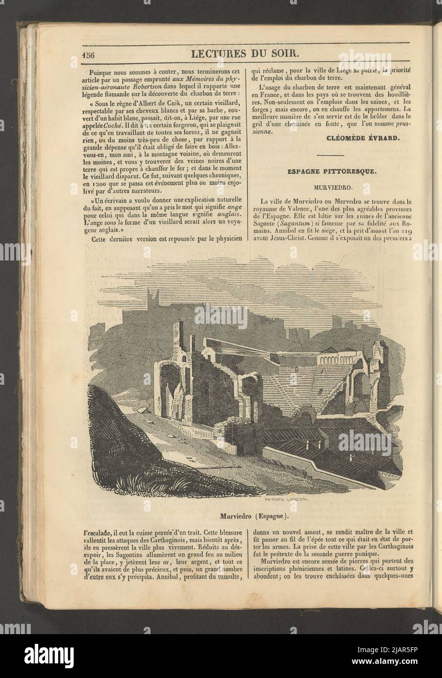 Yearbook 2, notebook 19, May 1834 Cross section of the Coal Mine in Monzil, Illustration for the article Les Mines de Houille; Murvedro, illustration for picturesque Spain in: families museum, evening reading. T. 1. (Year 1 and 2) Paris, [1833 1834]. unknown, Sears, M.U. (fl. ca 1800) Stock Photo