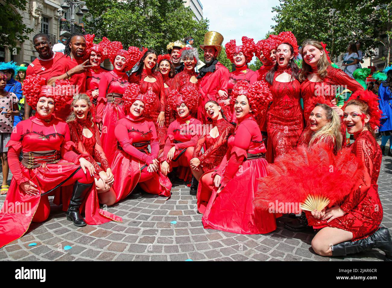 Marseille, France. 28th May, 2022. A troupe of dancers in red costume seen  during the Marseille carnival. (Photo by Denis Thaust/SOPA Images/Sipa USA)  Credit: Sipa USA/Alamy Live News Stock Photo - Alamy