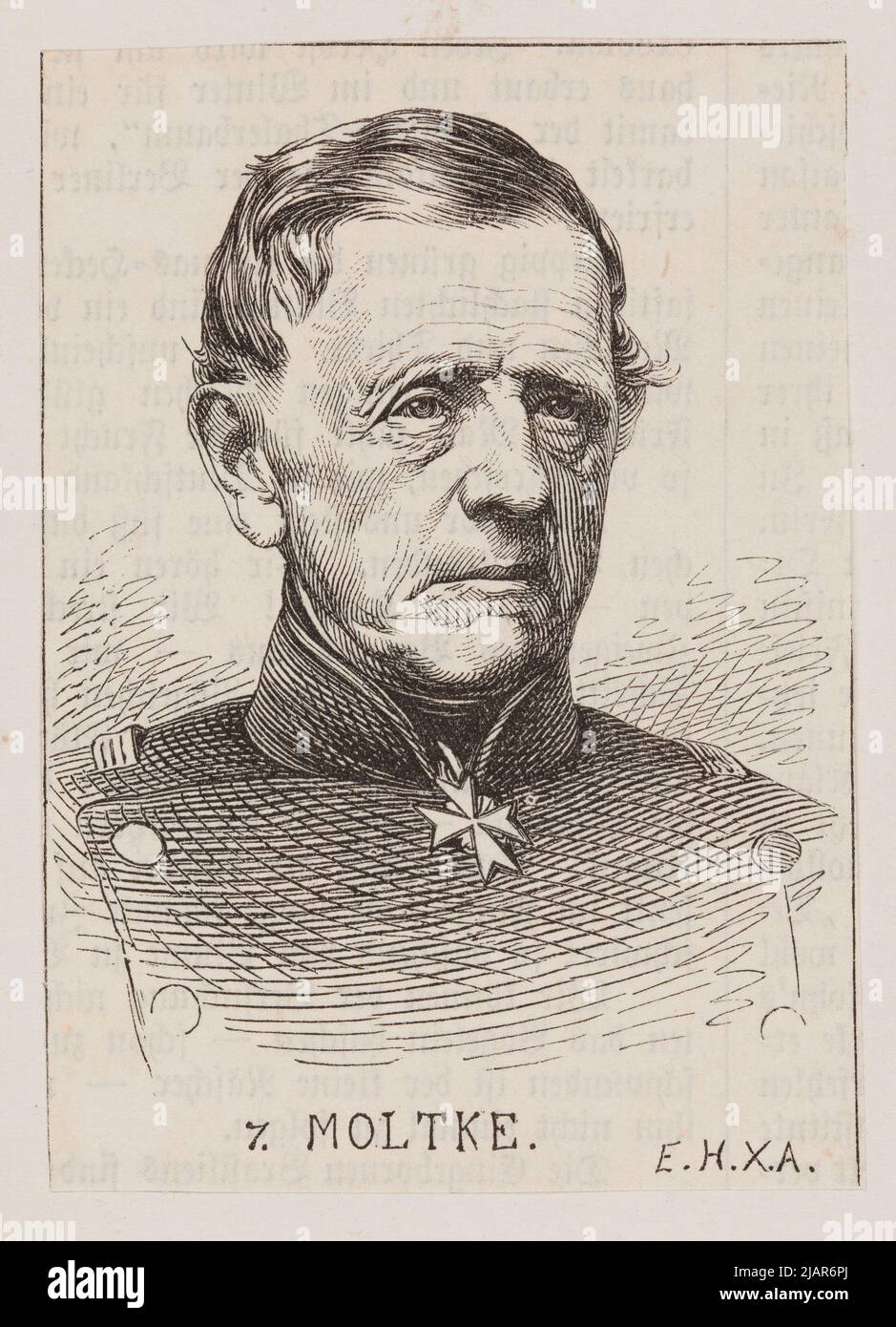 Moltke  a clip from the German press stuck to the album's card. Helmuth Karl Bernhard von Moltke (1800 1891)  Prussian general and Feld Marshal, reformer of the Prussian and then imperial army. He also showed artistic passions. Monogramista E.H.X.A. Stock Photo