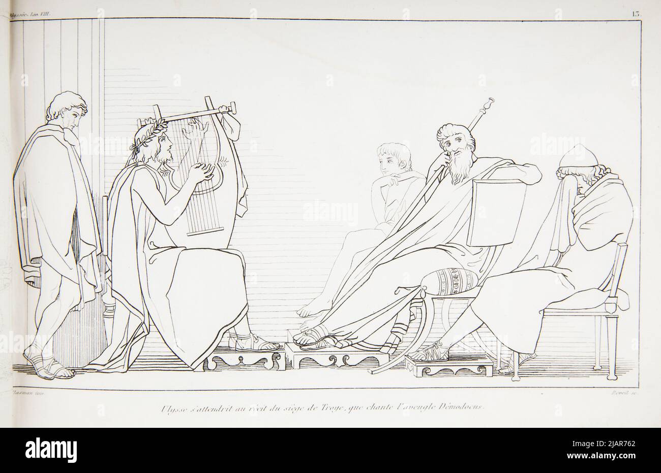 Ulysse tenderly at the story of Troye's seat, which the blind Demodocus sings. (Uiisses (Odysseus) Mourns (Despair Over) The History of the Siege of Troy, Sung by the Blind demodocus, from: The Odyssee d'Ar ), in: Oeurvre de Flaxmann  Collection of his Composions serious by back, with analysis of the divine comedy of the Dante and notice on Flaxman. Various subjects. Paris 1847 . FERRERI, Vincenzo (Fl. 1845), Flaxman, John (1755 1826), Audot, bookseller editor, Paris rue du Paon 8, school of medicine Stock Photo