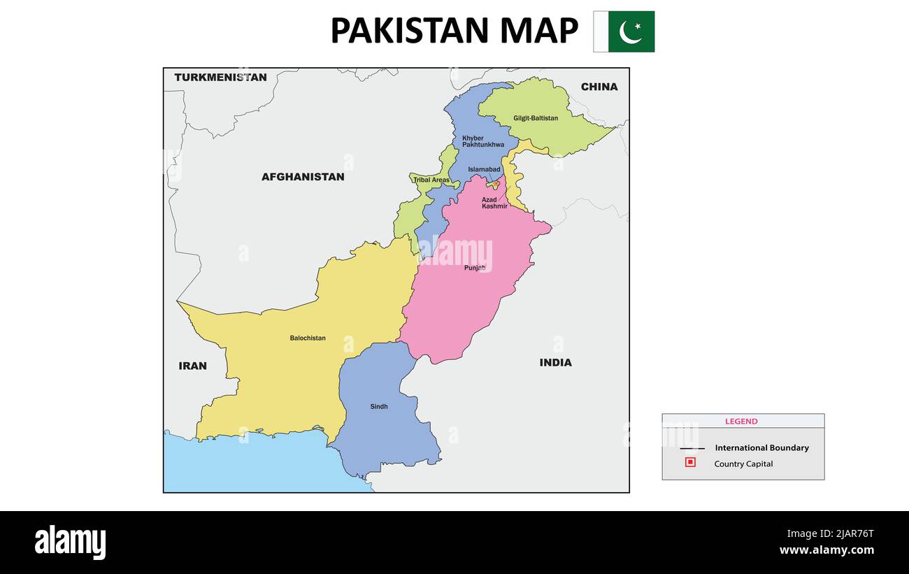 Pakistan Map. Colorful Pakistana Map with neighboring countries names and borders. Stock Vector