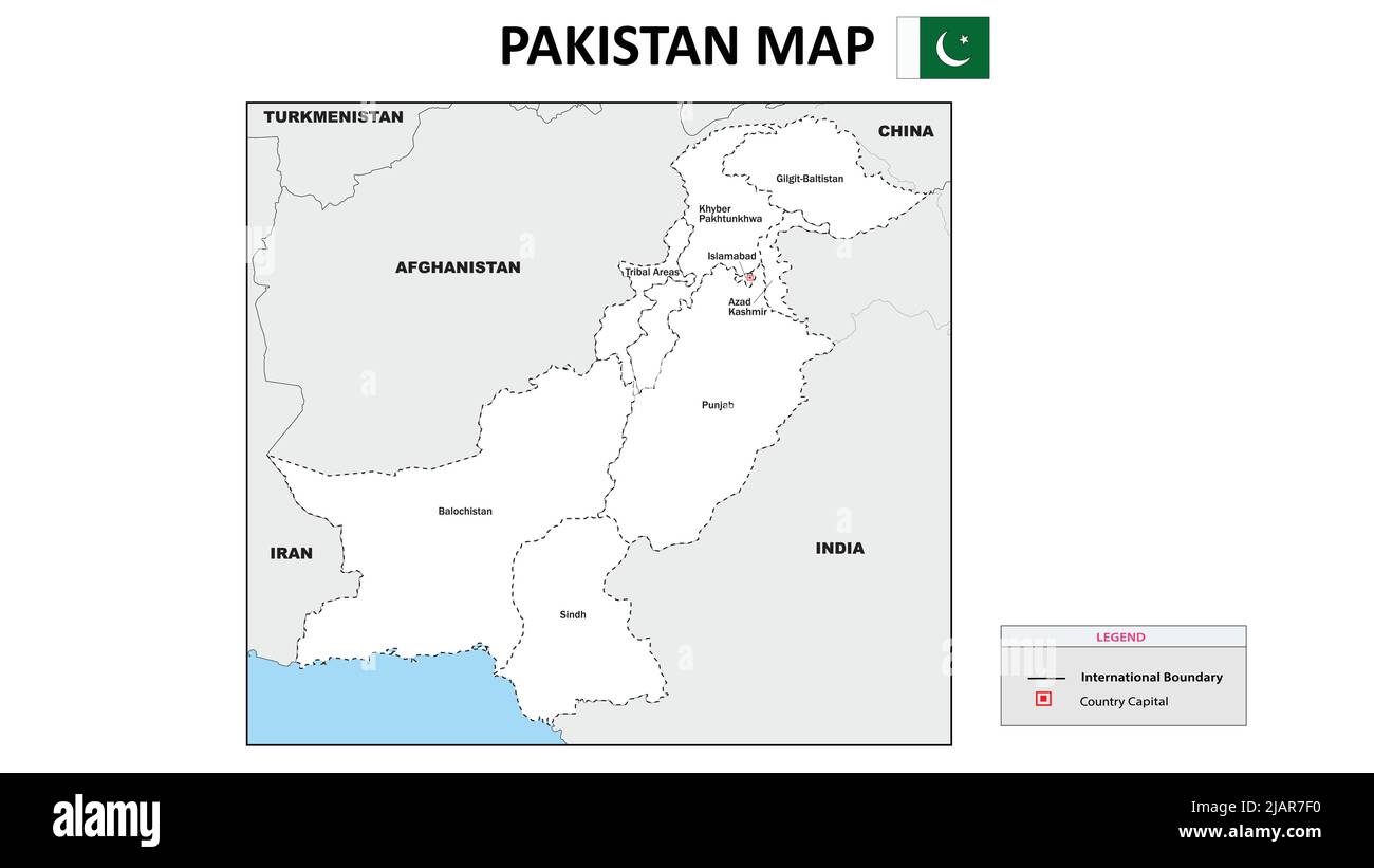 Pakistan Map. Political map of Pakistan. Pakistan map with neighboring countries names and borders. Stock Vector