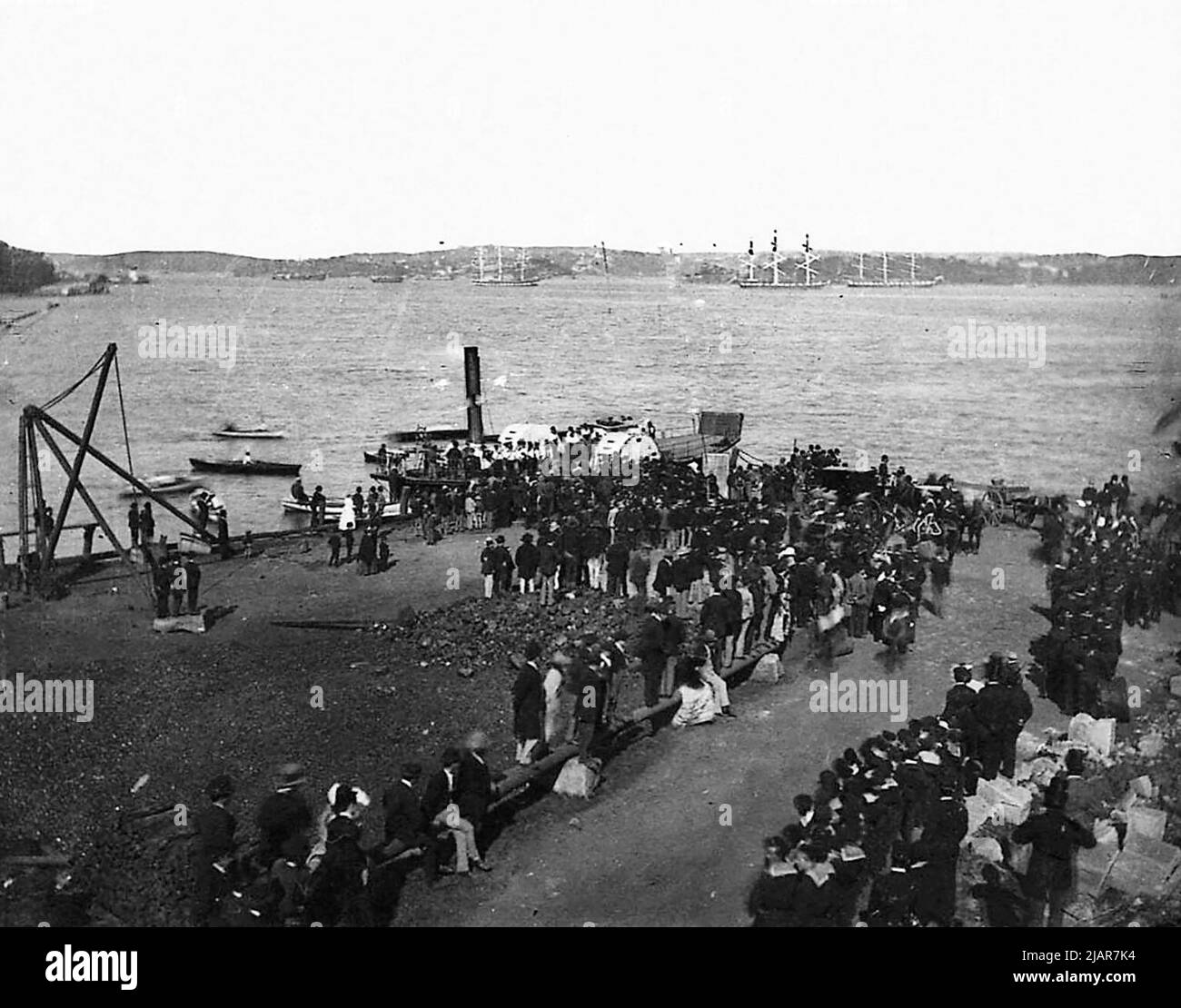 Sydney ferry TRANSIT (1866-1890) at the funeral of Commodore Goodenough ca.  August 1875 Stock Photo