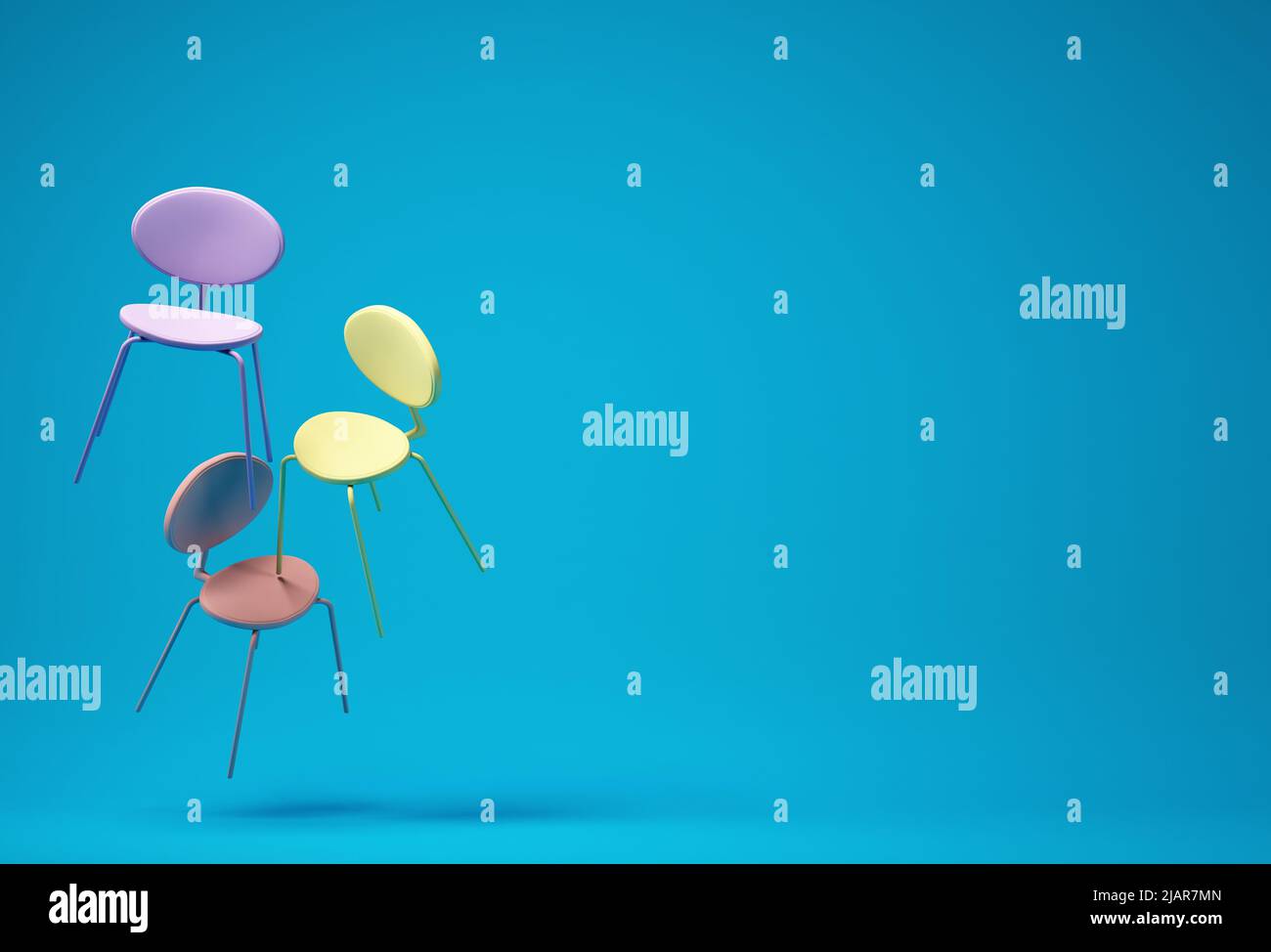 Yellow chair floating on blue background. Minimal concept with copy