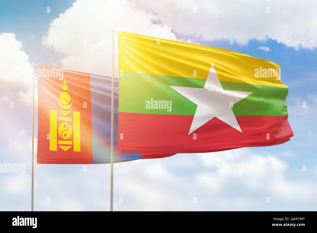 Sunny blue sky and flags of myanmar and mongolia Stock Photo - Alamy