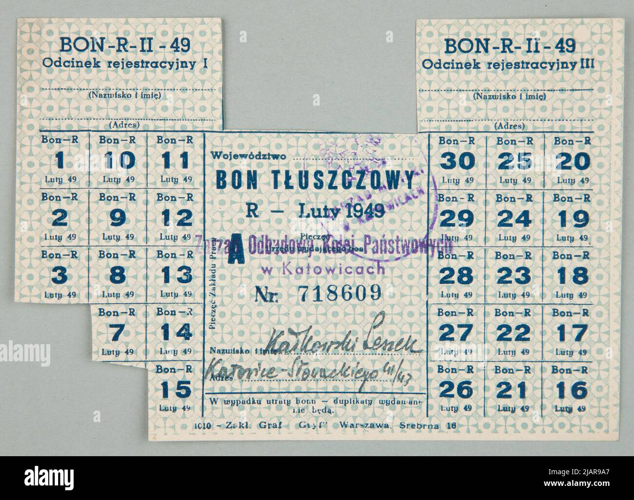 Fat voucher, PRL, Katowice, February 1949 Gryf graphic factories Stock Photo