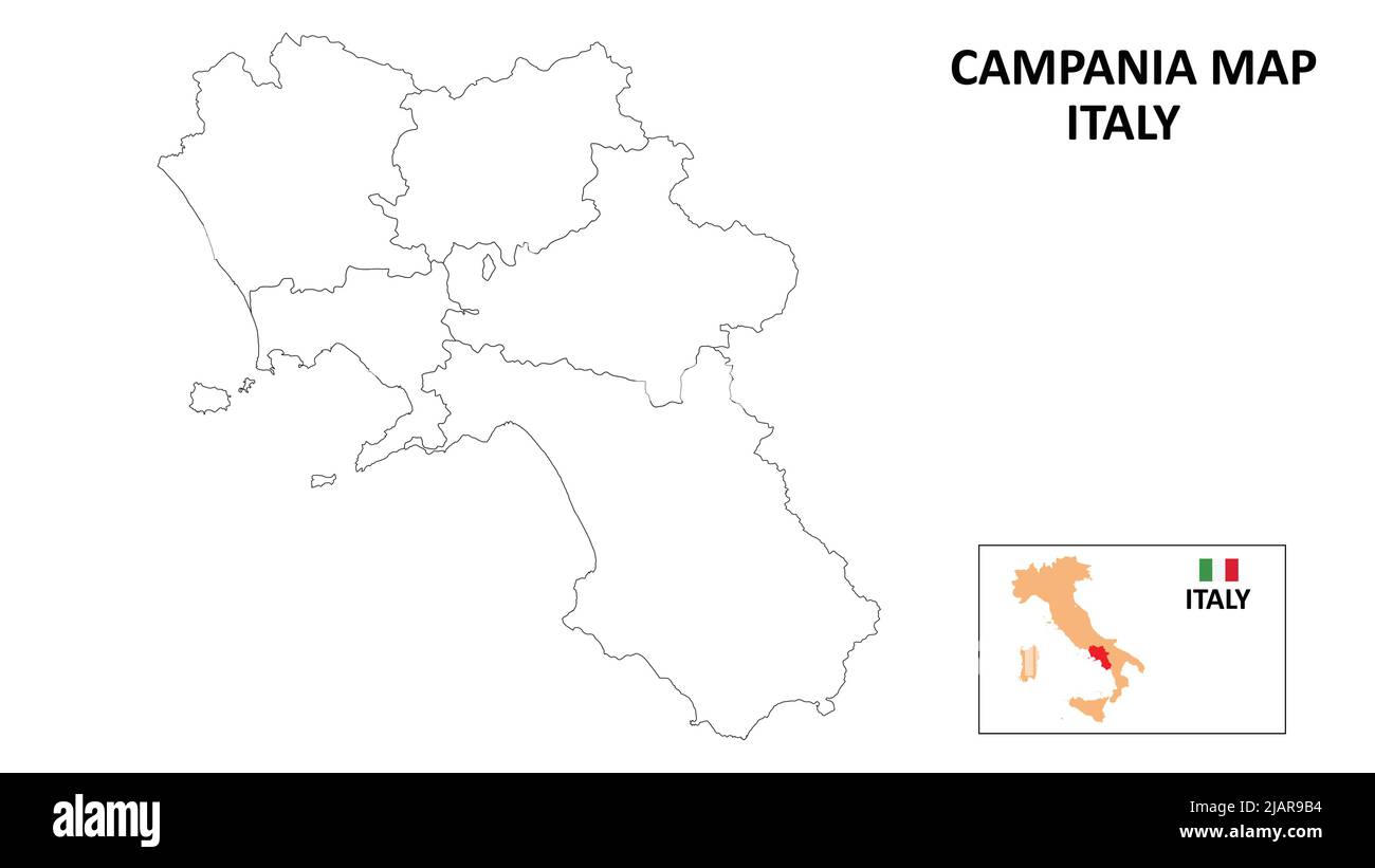 Campania Map. State and district map of Campania. Political map of Campania with outline and black and white design. Stock Vector