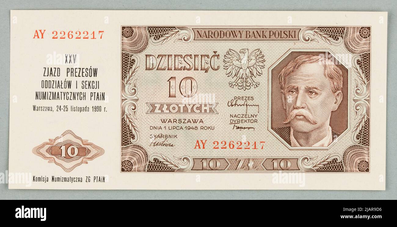 Banknote for 10 zlotys; National Bank of Poland; 1.07.1948/ 24 25 11. ...