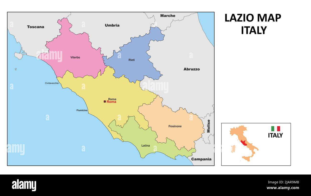 Lazio Map. State and district map of Lazio. Political map of Lazio with neighboring countries and borders. Stock Vector