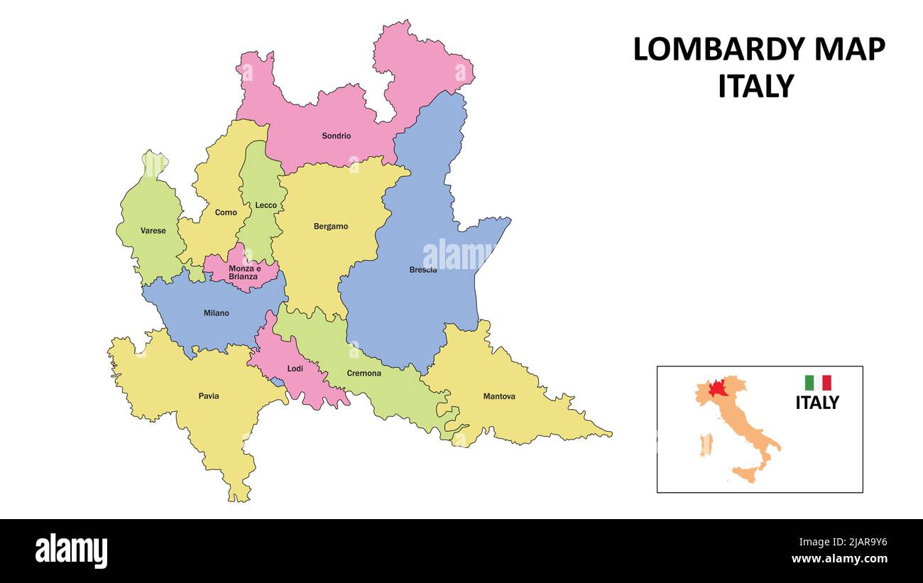Lombardy Map. District map of Lombardy in District map of Lombardy in color with capital. Stock Vector