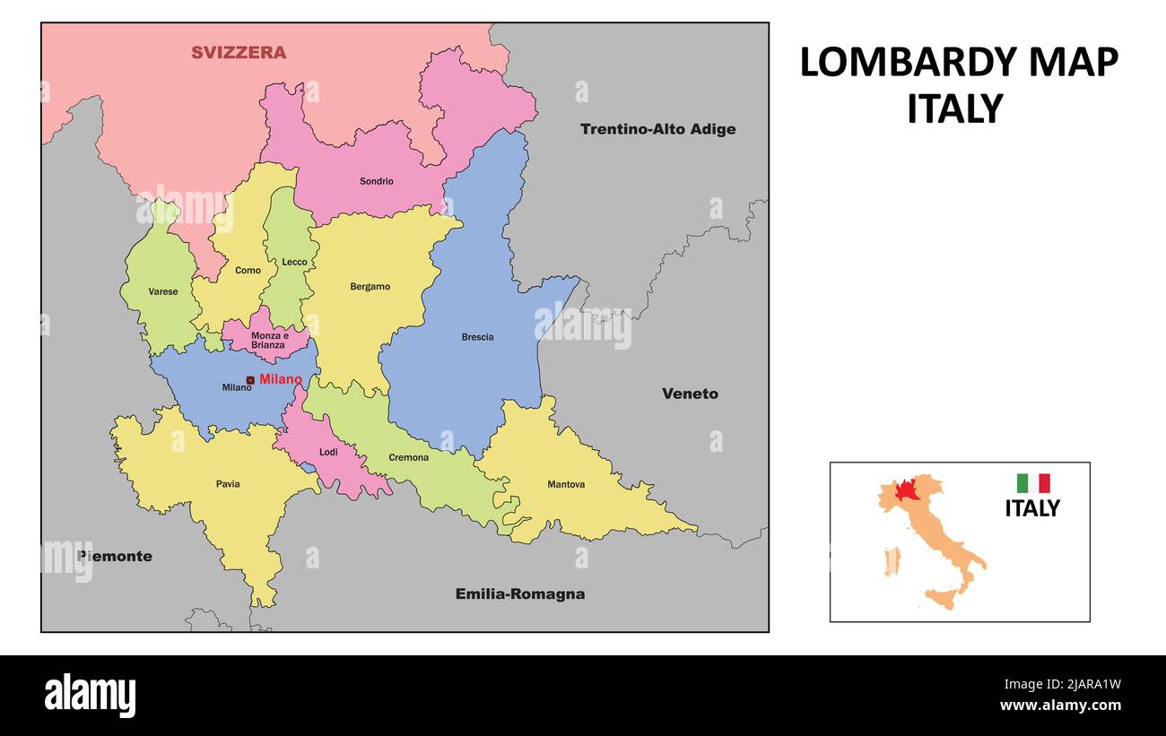 Lombardy Map. State and district map of Lombardy. Political map of Lombardy with neighboring countries and borders. Stock Vector