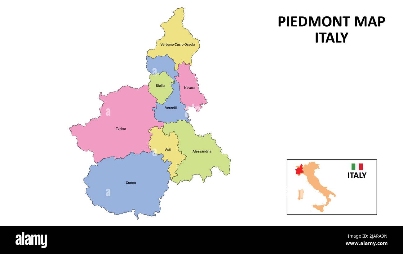 Piedmont Map. District map of Piedmont in Italy. colorful District map of Piedmont with capital in Italy. Stock Vector