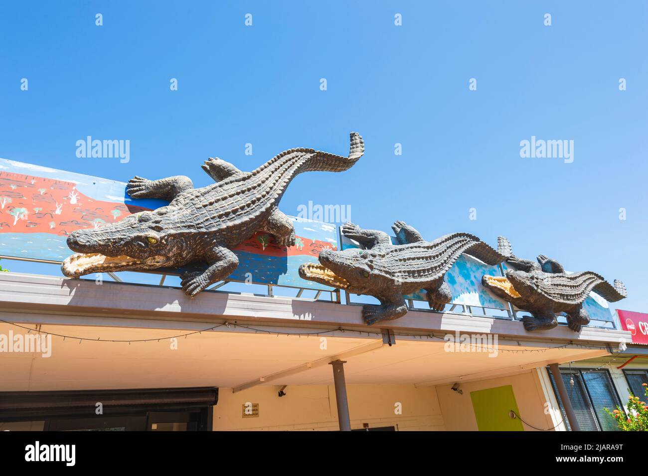 Crocodile Statues outside the Croc Café and Bakery at Wyndham, Western Australia, WA, Australia Stock Photo