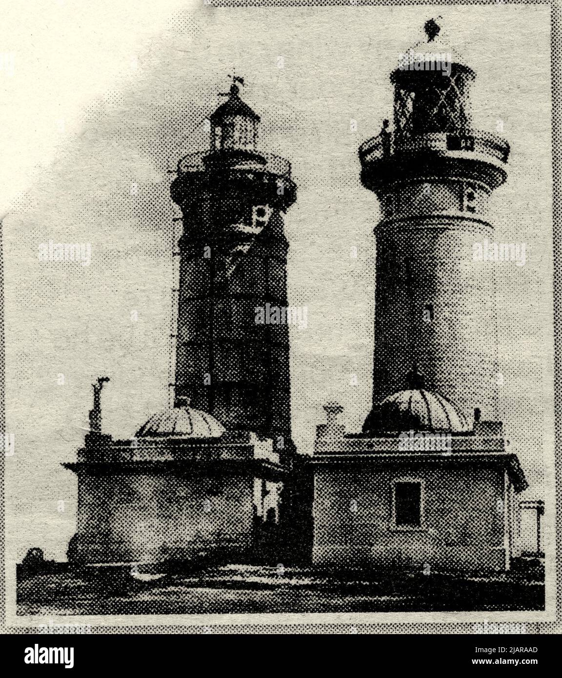 Photo of the two Macquarie Lighthouses when the new one was being built alongside the old one, Vaucluse, Sydney ca. 1883 Stock Photo