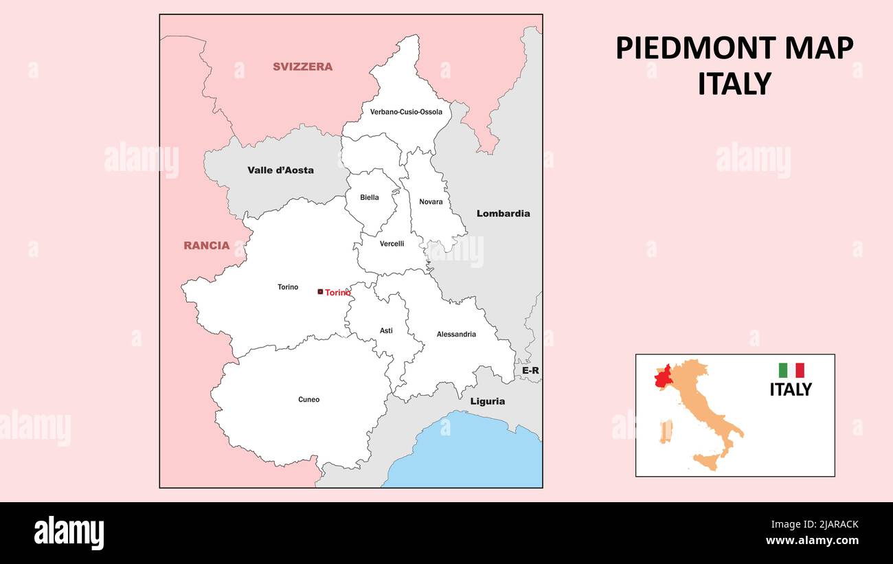Piedmont Map. Political map of Piedmont with boundaries in white color. Stock Vector