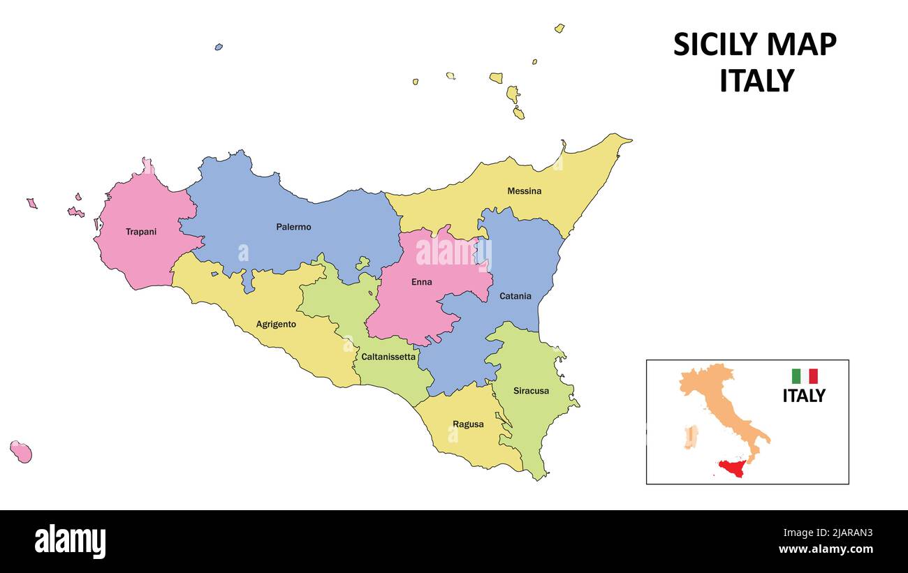 Sicily Map. District map of Sicily in District map of Sicily in color with capital. Stock Vector