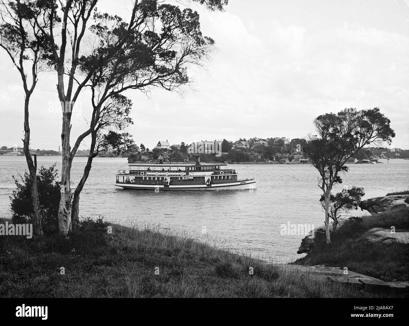 Sydney Ferry Birkenhead - Cockatoo Island shipyard is at far left. Onions Point is above the ferry ca.  Possibly 1898 - 1913 Stock Photo