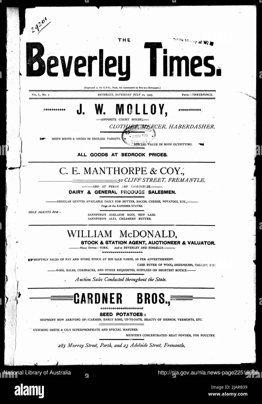 The front page of first issue of The Beverley Times ca. 1905 Stock Photo