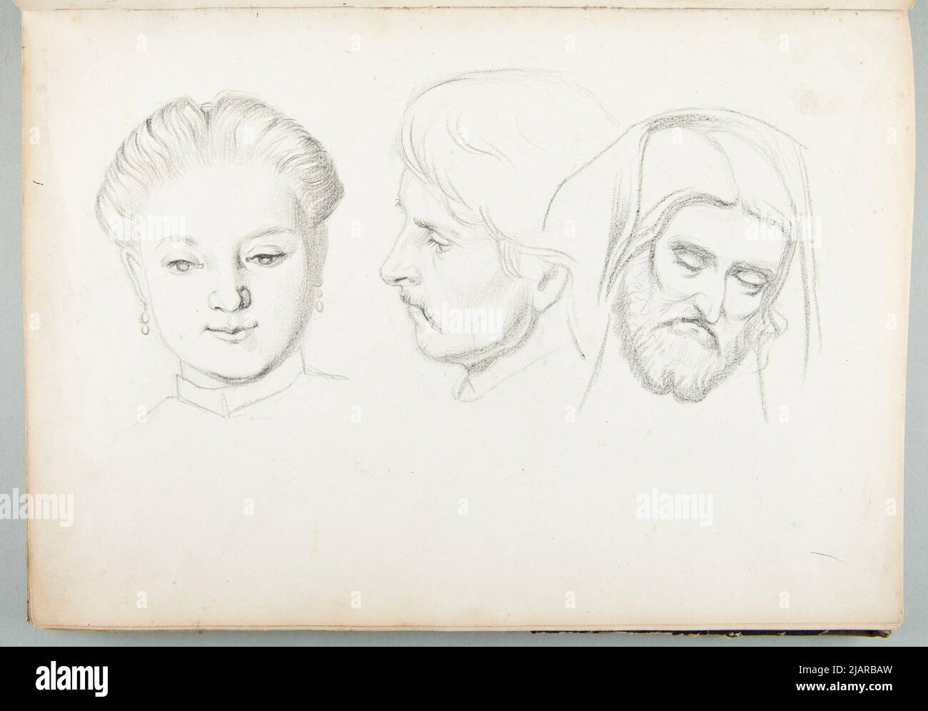 Sketchbook from around 1866 years old. 1873  card No. 43 (no author's numbering)  four drawings  obverse: 1. Bust of a young woman en face; 2. Profile of a mustache man; 3. almost the frontal face of a mustache and bearded man with long hair covered with a fragment of the material (Christ); Reverse: 4. Dancing couple Łosik, Tomasz (1848 1896) Stock Photo