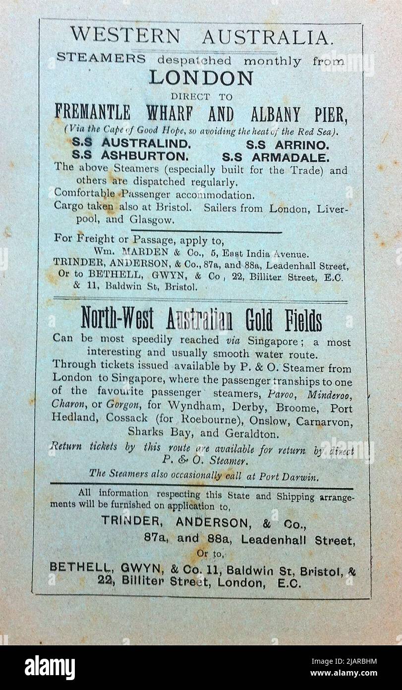 London to Western Australia steamship advertisement in 1909-1910 Stock Photo