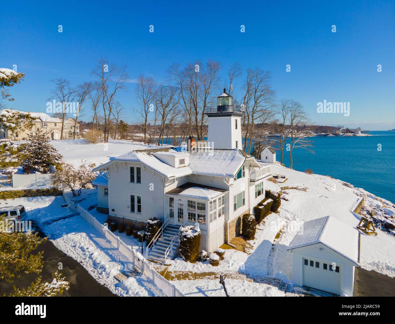 Hospital Point Lighthouse aerial view in winter in Hospital Point in city of Beverly, Massachusetts MA, USA. Stock Photo