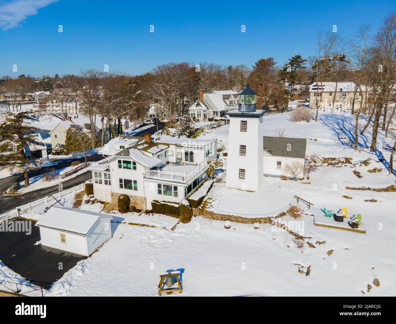 Hospital Point Lighthouse aerial view in winter in Hospital Point in city of Beverly, Massachusetts MA, USA. Stock Photo