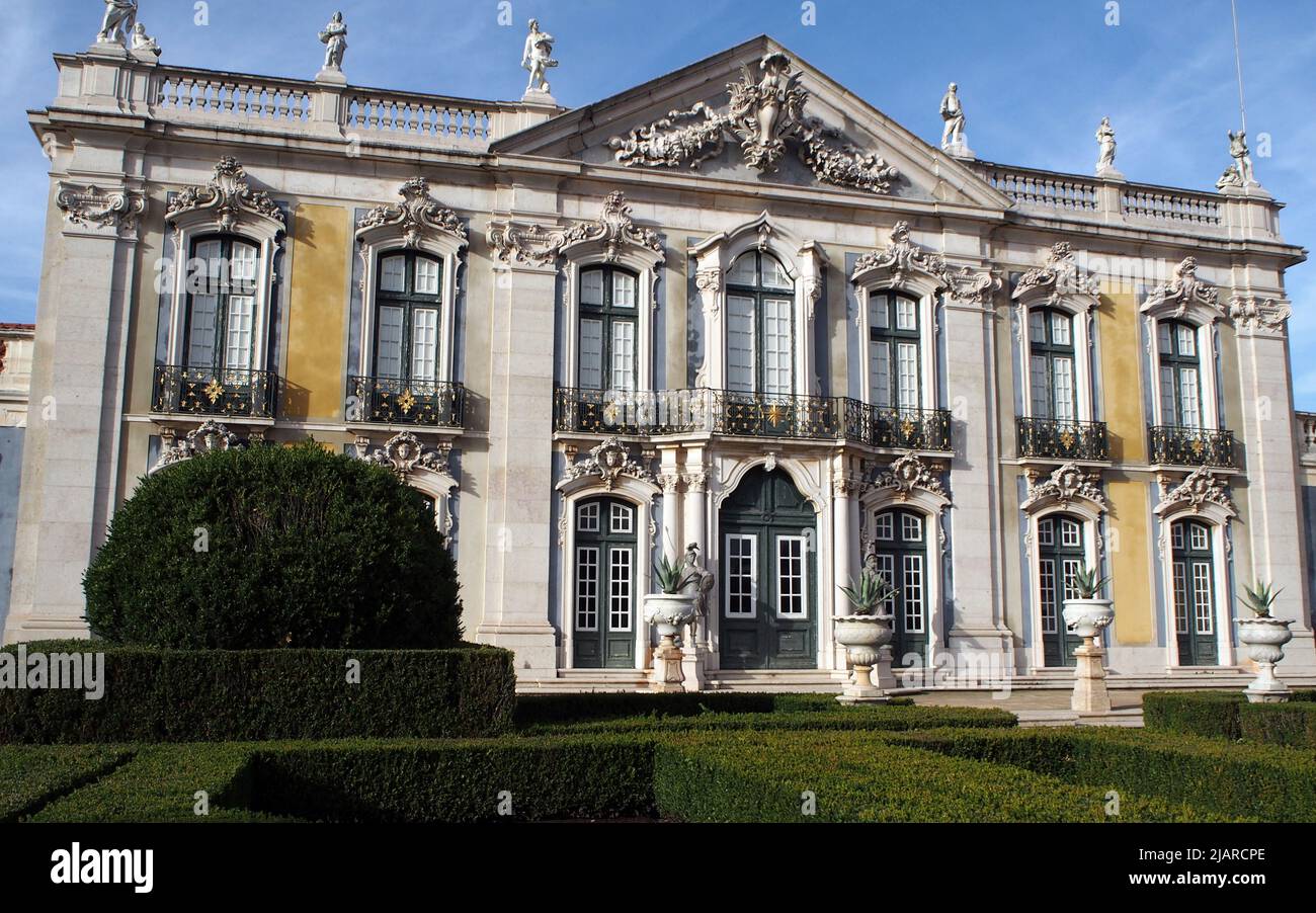'Ceremonial Facade' of the 18th-century Queluz National Palace, former summer residence of the Portuguese Royal Family, near Lisbon, Portugal Stock Photo