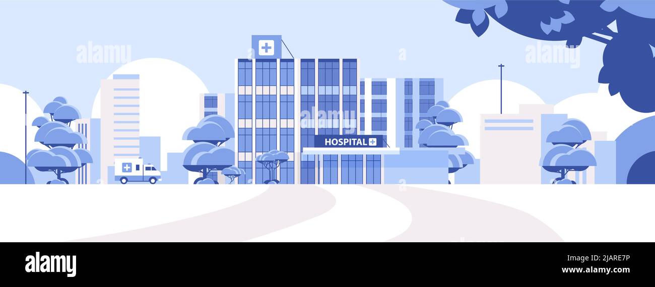 hospital building and ambulance car medical center concept modern ...