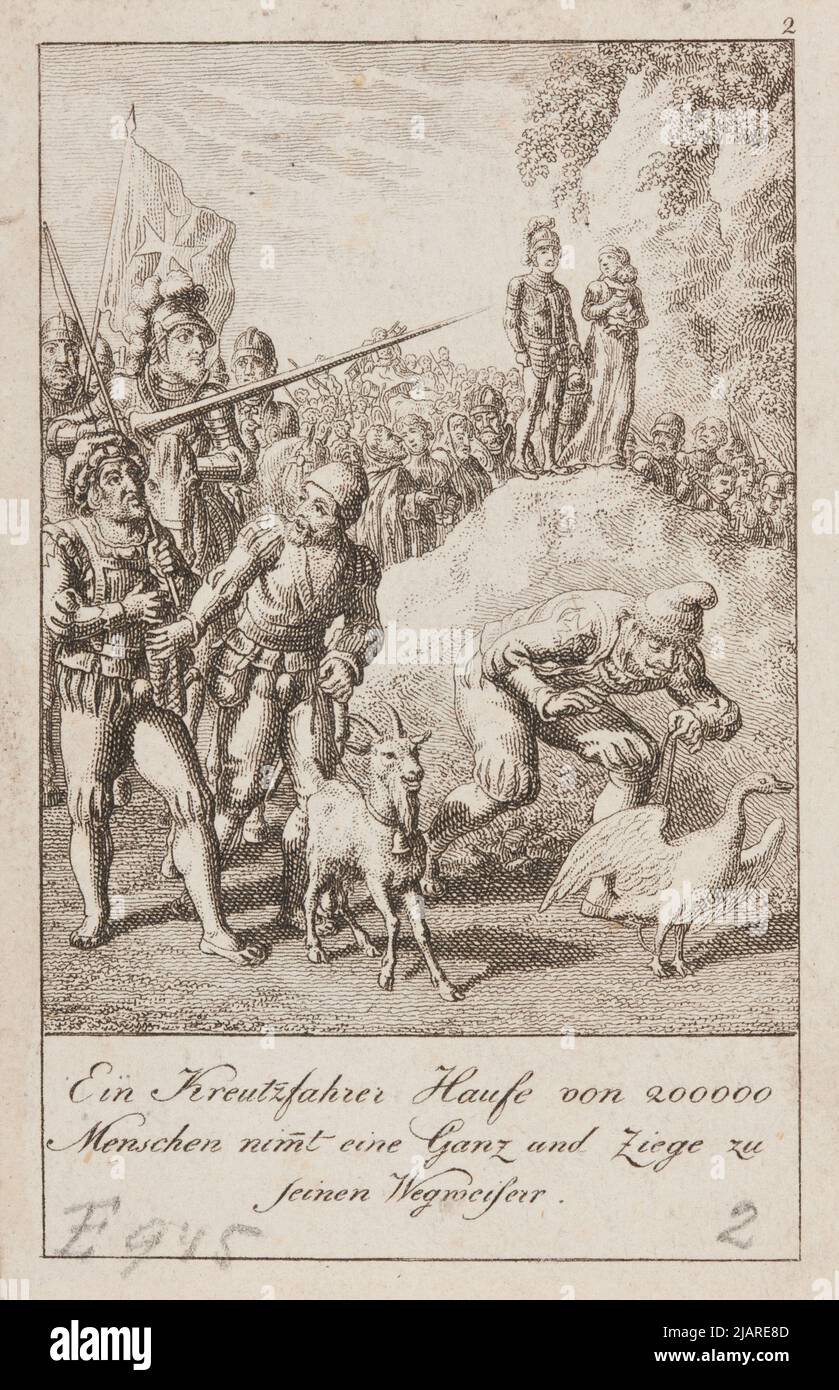 The Goat and Goose Are Heading at the Head of the Army Going to the First Crusades  Illustration No. 2 (12) to the history of the first crusades, Posted in: Historical Genealogical Calender on the common year 1801. Demolition of a history of the first cross train near the Christians near Palestina. The myth of a map and twelve historical ideas of D. Chodowiecki. Berlin, with Johann Friedrich Unger. Chodowiecki, Daniel Nikolaus (1726 1801) Stock Photo