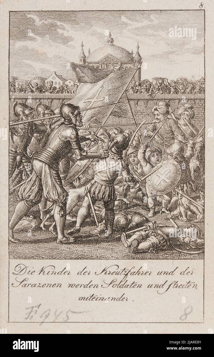Children of the Crusaders and Saracens Are Fights With Each Other  Illustration No. 8 (12) For the History of the First Crusades, Posted in: Historical Genealogical Calendar on the Common Year of 1801. Demolition of a history of the first cross train of Christians to Palestina. Twelve historical ideas of D. Chodowiecki. Berlin, with Johann Friedrich Unger . Chodowiecki, Daniel Nikolaus (1726 1801) Stock Photo